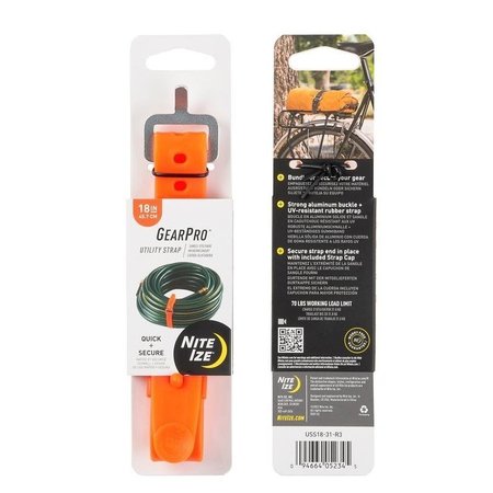 NITE IZE GearPro Utility Strap, 092 in W, 18 in L, 70 lb Working Load, AluminumRubber, Bright Orange USS18-31-R3